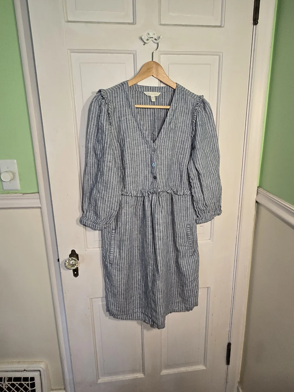 Garnet Hill Striped Blue Linen V-Neck Long Sleeve Dress Size 8 - Picture 1 of 7
